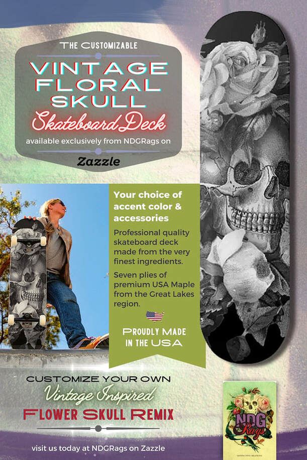 Vintage Floral Skull Customizable Skateboard Deck by NDGRags on Zazzle