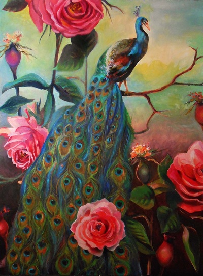 peacock-rose-garden-acrylic-on-canvas-by-e-bradshaw